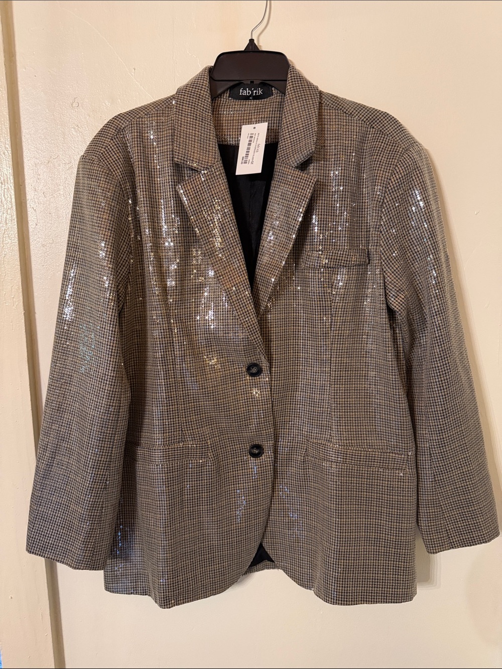 fab'rik Sequined Check Blazer in Gray and Black